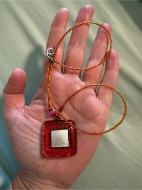 Glass Pendant Beaded Necklace - Red-Orange